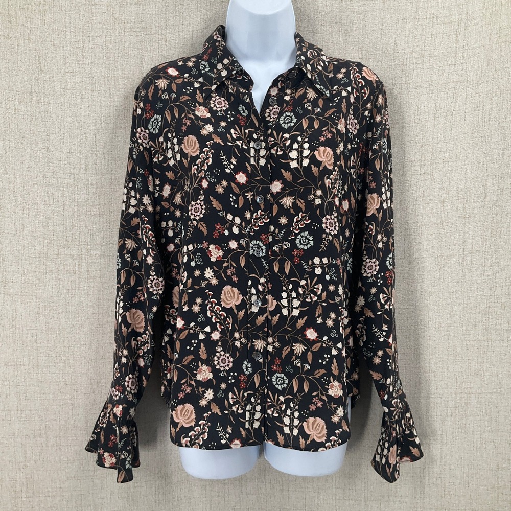 FRAME Silk Floral Blouse Womens Medium Noir Multi Black Button Down Boho